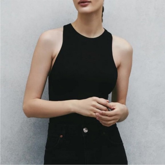 Zara Halter Bodysuit Top L High Neck Snap Buttons Sleeveless Black Blogger's Fav - Picture 3 of 12